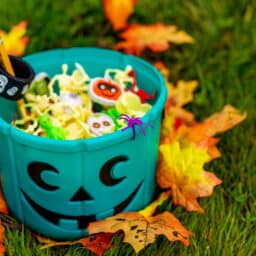 Halloween Party Favors for kids with food allergy. Teal pumpkin. the concept of health for children in the Halloween season