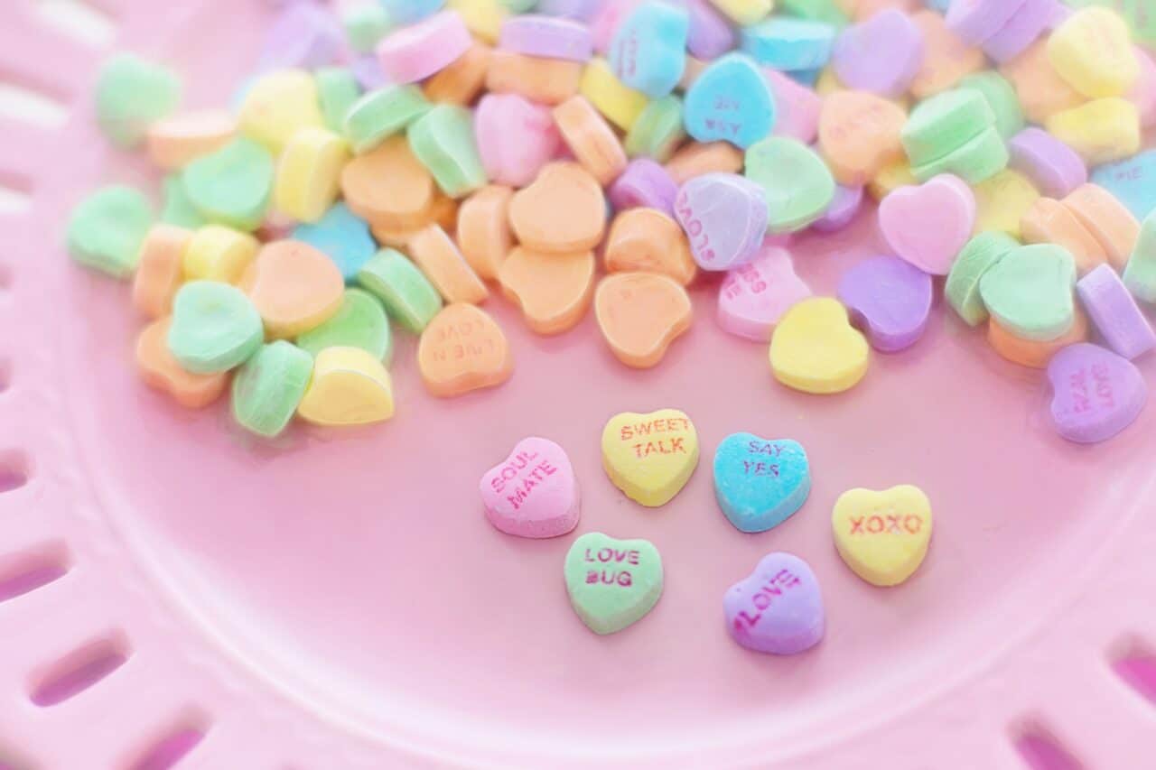 Colorful assortment of heart-shaped candies.