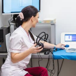 Audiologist setting up a hearing test