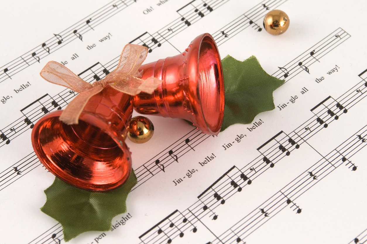 Jingle bells sitting on a music sheet.