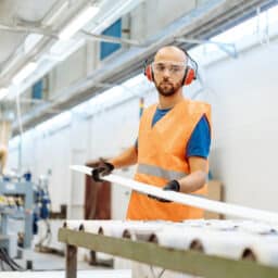 Production line worker wearing earmuffs