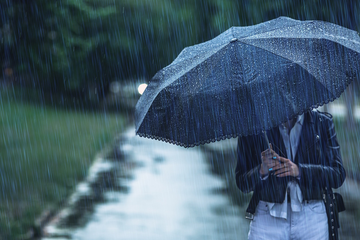 Person standing in the rain with a large umbrella